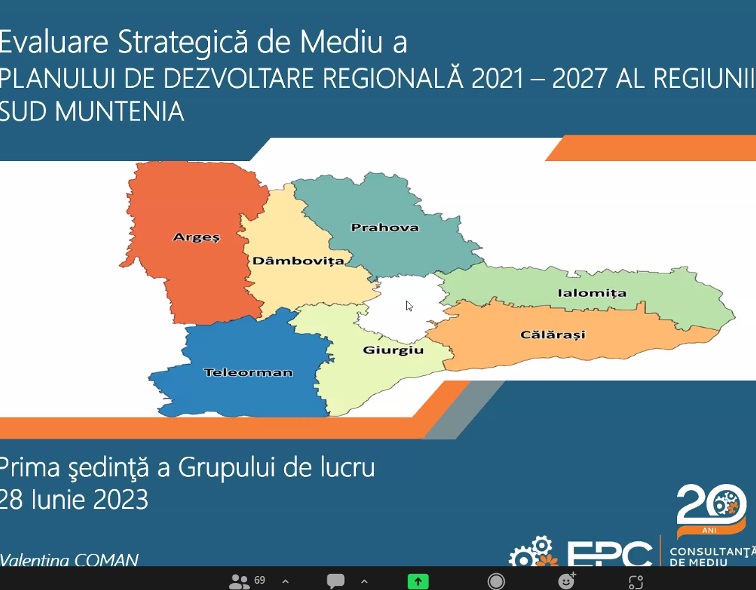 Prima întâlnire a Grupului de lucru pentru Planul de Dezvoltare Regională Sud-Muntenia 2021-2027 în vederea obţinerii avizului de mediu
